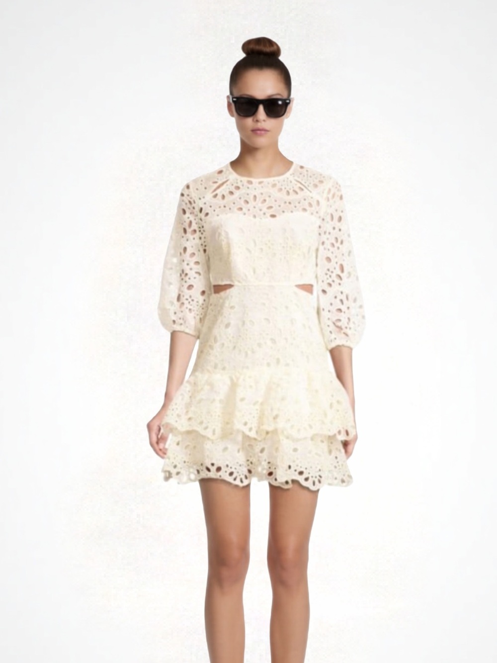 Avantlook Cream Eyelet Cutout Mini Dress with Puff Sleeves